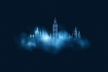 Misty digital illustration of a famous clock tower and iconic buildings shrouded in ethereal blue fog, capturing a sense of mystery and historical grandeur within an urban skyline.