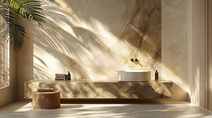 3d stone nature cosmetic product podium background. Realistic spa rock pedestal in bathroom mockup for beauty object display. Summer leaf shadow and sunlight on abstract beige table studio interior