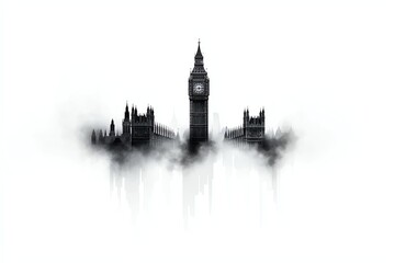Naklejka premium Silhouette of iconic London architecture with Big Ben emerging through mist, creating a mysterious and dramatic ambiance, perfect for urban and historical themed projects.