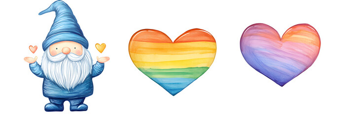 Adorable gnome holding hearts with rainbow colors and love symbols
