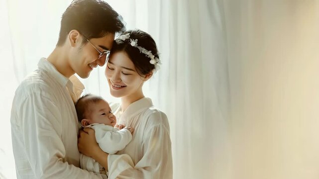 beautiful asian couple with baby over bright background with copy space