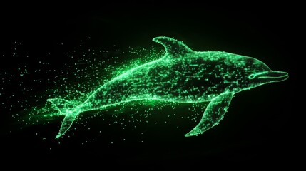 Glitchy Neon Dolphin Silhouette in High-Tech Digital Stream on Dark Background