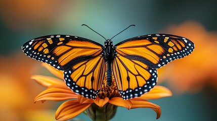 Fototapeta premium Colorful butterfly resting on a vibrant flower.
