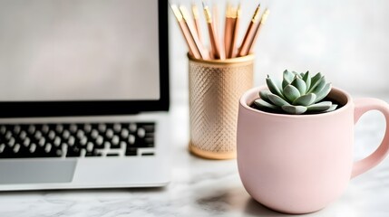 A stylish workspace featuring a laptop, rose gold pencil holder, and a succulent in a pink mug.  Clean, minimalist aesthetic perfect for blogging or home office inspiration.