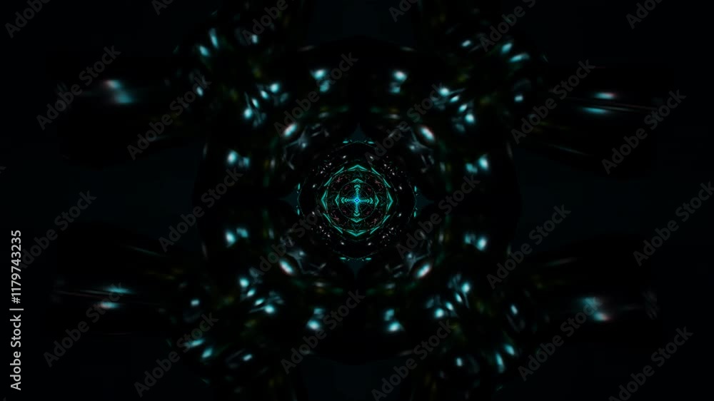 Poster futuristic vj loop with rotating neon geometry and light effects