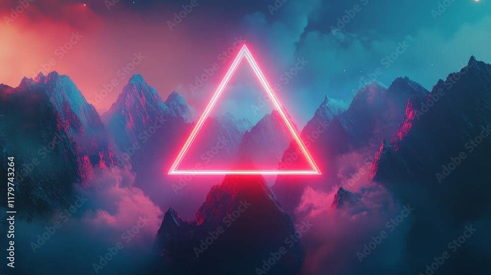 Poster synthwave background with abstract grid mountain landscape and bright glowing neon triangle. realist