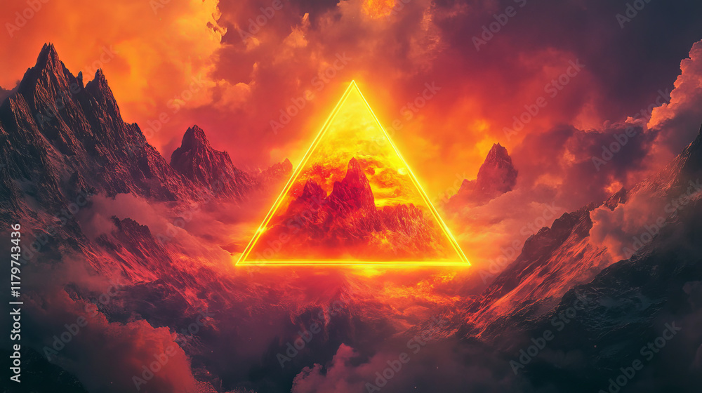 Poster synthwave background with abstract grid mountain landscape and bright glowing neon triangle. realist
