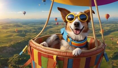 Happy Dog Enjoying a Hot Air Balloon Ride at Sunrise