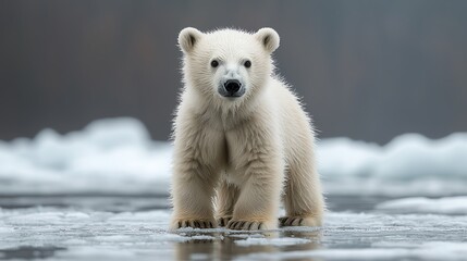 Cute polar bear cub on icy landscape.