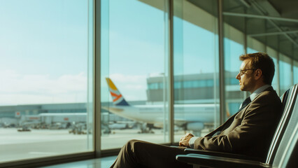 Business man wearing suit sitting waiting by window for flight in interior terminal of modern airport