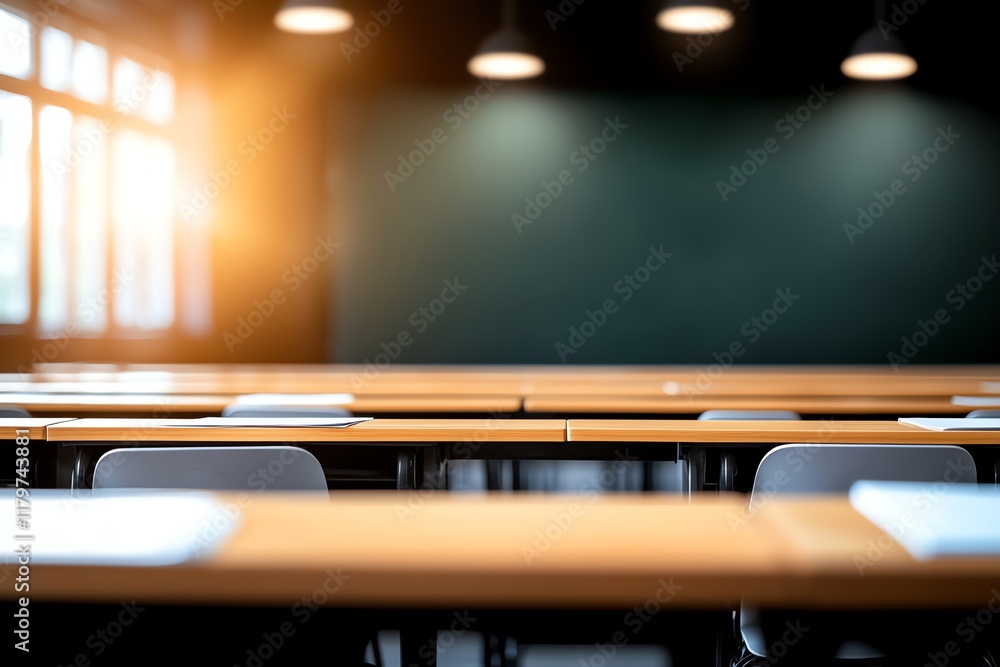 Poster empty classroom with wooden desks and chairs, illuminated by warm sunlight from the windows. comfort