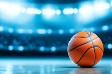 Obraz premium A vibrant basketball rests on a polished court under bright, dramatic lighting. An inspiring moment capturing the essence of the game with focus and intensity.