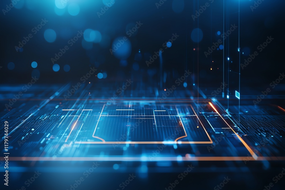 Poster futuristic blue digital circuit board with glowing lines and nodes, symbolizing advanced technology,