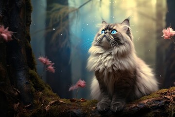 Portrait of a funny himalayan cat while standing against backdrop of a mystical forest