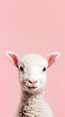 Fototapeta premium Baby Lamb with Fluffy White Wool and Pink Ears Posing Against Soft Pink Background - Mobile Phone Wallpaper