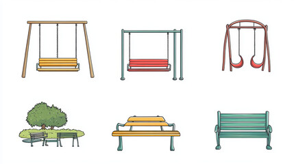 Fototapeta premium Park decorations 2D linear cartoon objects set. Recreational outdoor furniture isolated line vector elements white background. Playground swings, wooden bench color flat spot illustration collection