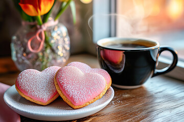 Heart shaped treats Valentine's Day,  sweet cookies with smooth pink icing on a white saucer, powdered sugar, coffee, colorful flowers, romantic morning scene