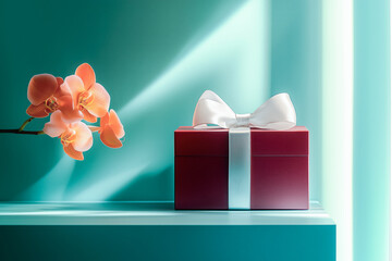 Luxury gift, birthday wedding valentine, square burgundy box with white satin ribbon, bow, pale blue silk display, peach orchid flower, natural light, copy space, elegant lifestyle.