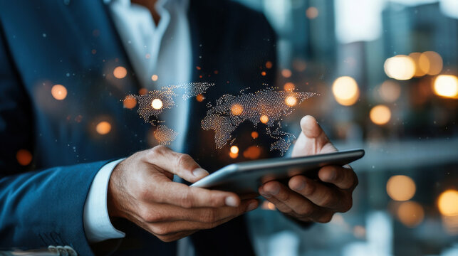 cybersecurity professional using smartphone with digital world map overlay - Powered by Adobe