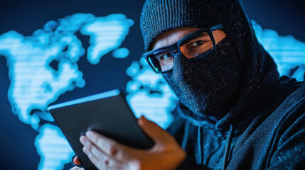 cybersecurity professional analyzing data on tablet with world map background