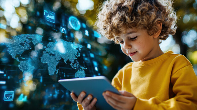 Child using tablet with digital world map and data graphics in background