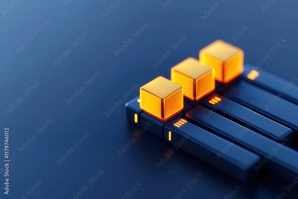 Poster quantum computer security cyber cryptography concept. three vibrant orange sliders on a sleek black 
