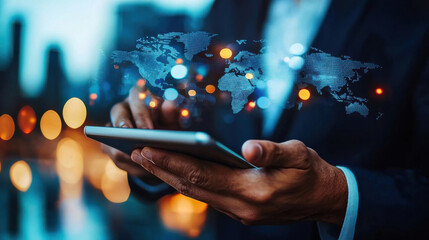 Cybersecurity professional using tablet with world map overlay, showcasing global connectivity and technology