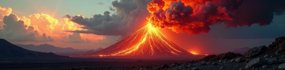 Fototapeta premium Fiery volcanic eruption with ash cloud billowing, landscape, lava