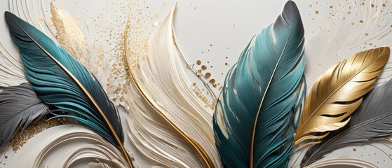 Horizontal classic wall art decoration. golden, black, brown, olive color and orange feathers on light background