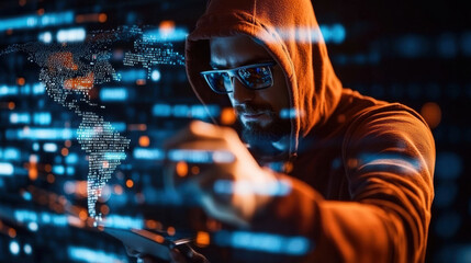 cybersecurity professional in hoodie using tablet, surrounded by digital data and world map
