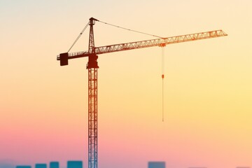 Urban Construction Crane Silhouetted Against Colorful Sunset Sky