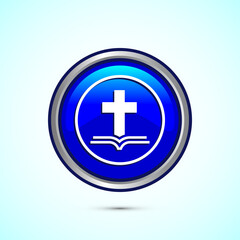 Christian cross icon design illustration, Religion sign. Holy cross logo symbol, Blue color round button design
