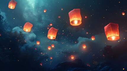 Floating lanterns glowing in the night sky. Glowstone. Illustration