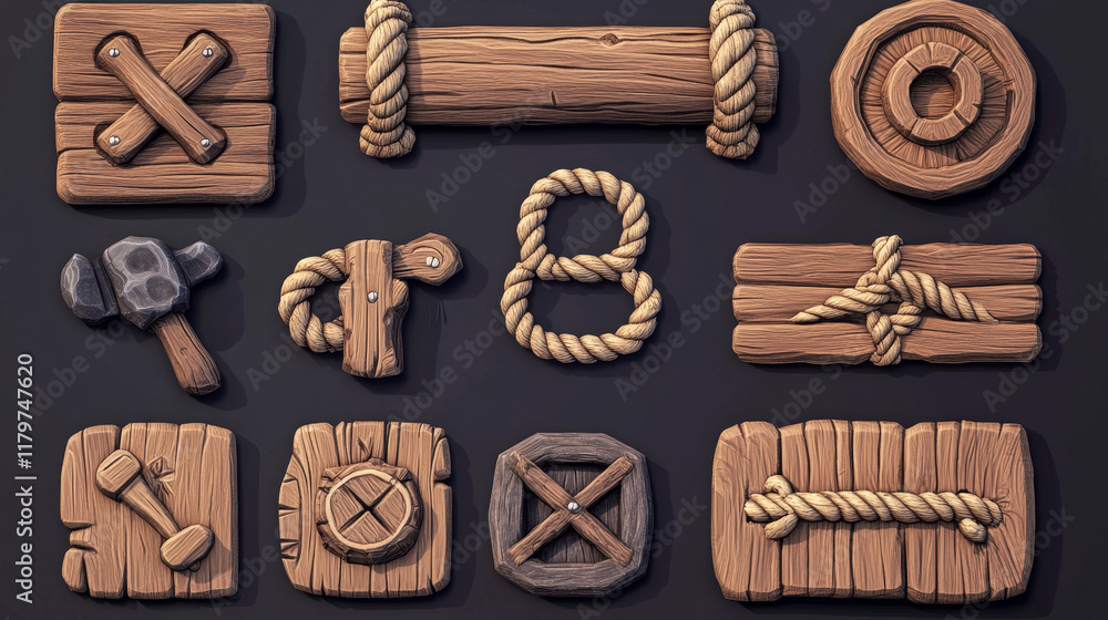 Poster wooden game buttons, menu interface made of wood textured boards with ropes and vines. ui or gui gra