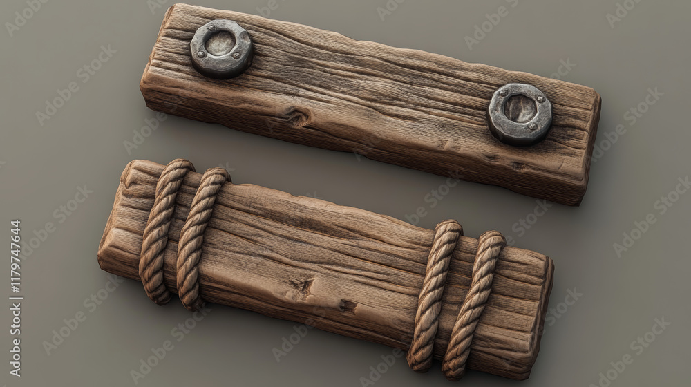 Poster wooden game buttons, menu interface made of wood textured boards with ropes and vines. ui or gui gra