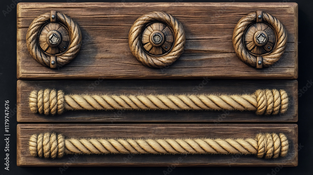 Poster wooden game buttons, menu interface made of wood textured boards with ropes and vines. ui or gui gra