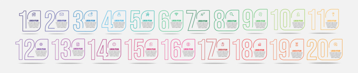 Business Infographic Template Design. Timeline with 20 marketing steps, options and icons. Vector linear infographic with eleven connected elements. Can be used for presentations in your business.