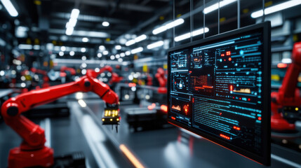 Naklejka premium futuristic industrial floor showcasing robotic arms and digital displays, emphasizing automation and technology