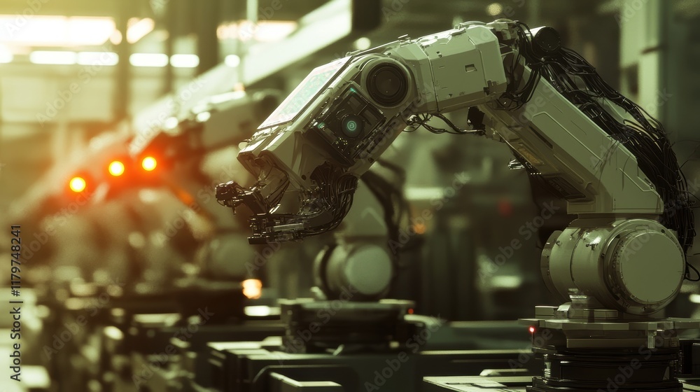 Poster robotic arms executing precise tasks in a modern automated manufacturing factory, highlighting cutti