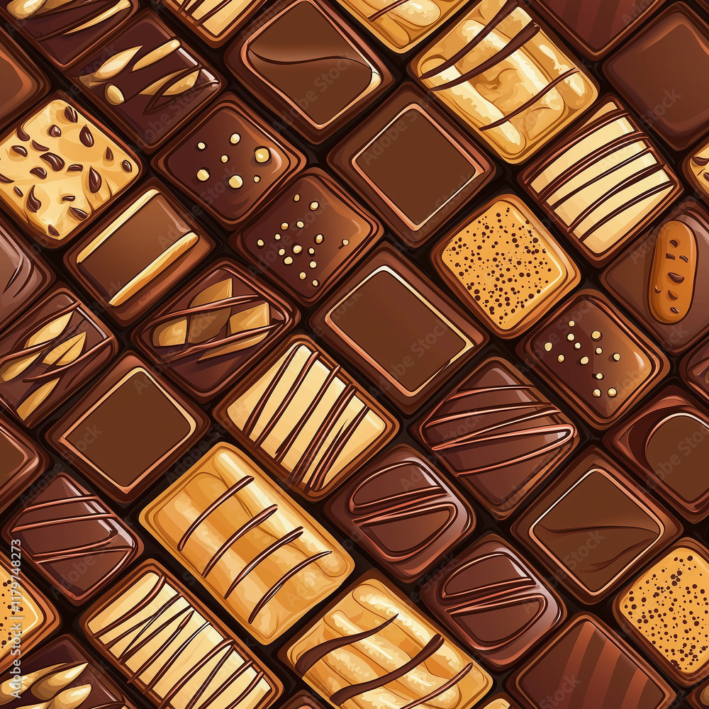 Poster a colorful assortment of chocolate confections arranged in a visually appealing pattern, showcasing 