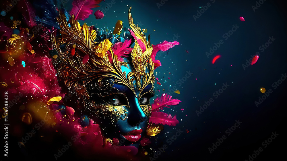 Wall mural Carnival is a vibrant festival of artistic expression. People wear colorful masks. Vibrant Mask with Feathers and Colorful Elements in Motion