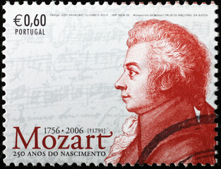 Mozart portrait on portuguese postage stamp
