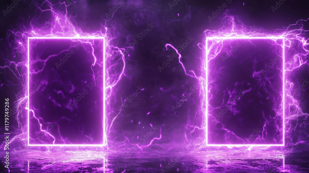 Poster set of purple rectangular lightning frames png isolated on transparent background. realistic vector 