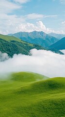 Obraz premium Lush Green Hills and Misty Clouds with Majestic Mountain Background in Summer Time Lapse Nature Landscape Photography for Serene Concept