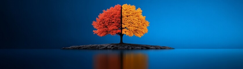 Dualistic Nature: A conceptual 3D rendering of a tree split into two contrasting colors, orange and red, symbolizing duality, balance, or opposing forces.