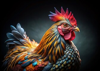Fototapeta premium Low Light Sebright Chicken Portrait - Elegant Bantam Breed in Dark Setting