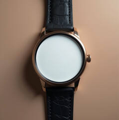 Sleek mockup of a blank watch face with black leather strap on a beige background