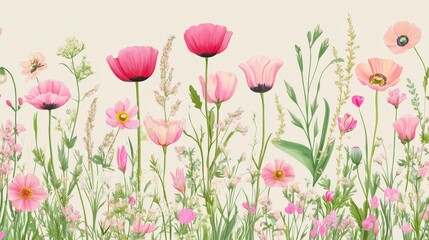 Seamless pattern of pink and green flowers, including wildflowers, poppies, tulips, cosmos	