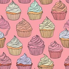 Delightful cupcake seamless pattern food icons cartoon design pink background fun and whimsical concept