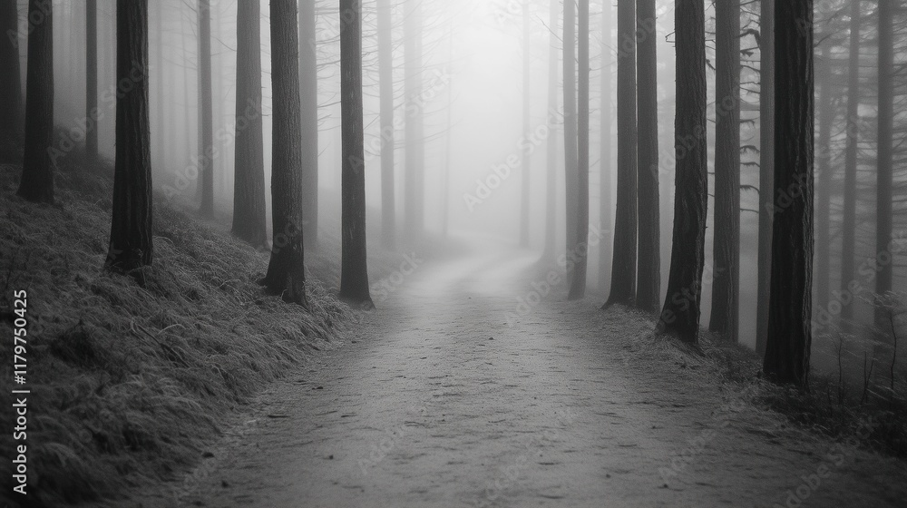 Poster mysterious foggy forest path with tall trees and misty atmosphere in monochrome for nature and adven